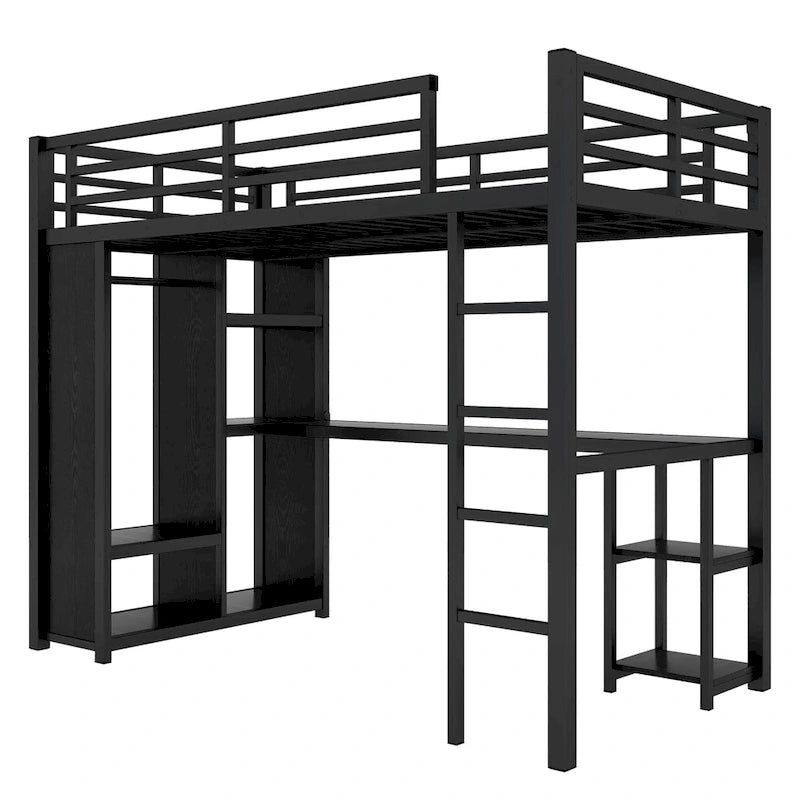 Black Twin XL Loft Bed with Built-in Wardrobe, Desk, and Storage Shelves, Space-Saving Design