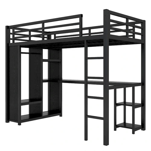 Black Twin XL Loft Bed with Built-in Wardrobe, Desk, and Storage Shelves, Space-Saving Design