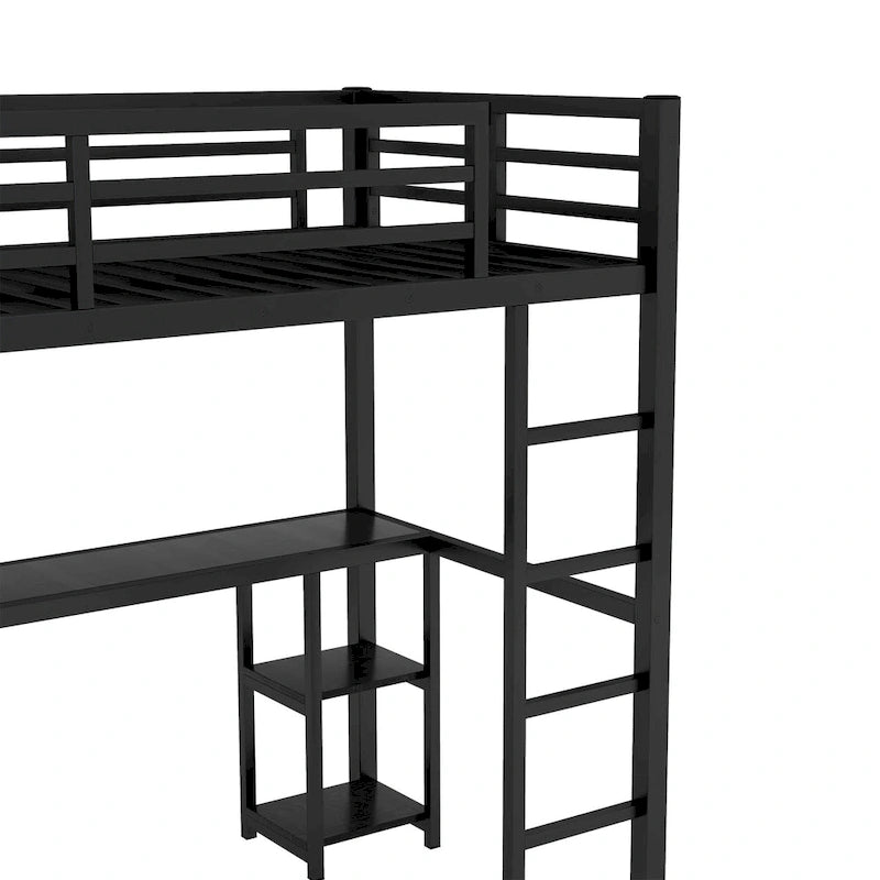 Black Twin XL Loft Bed with Built-in Wardrobe, Desk, and Storage Shelves, Space-Saving Design