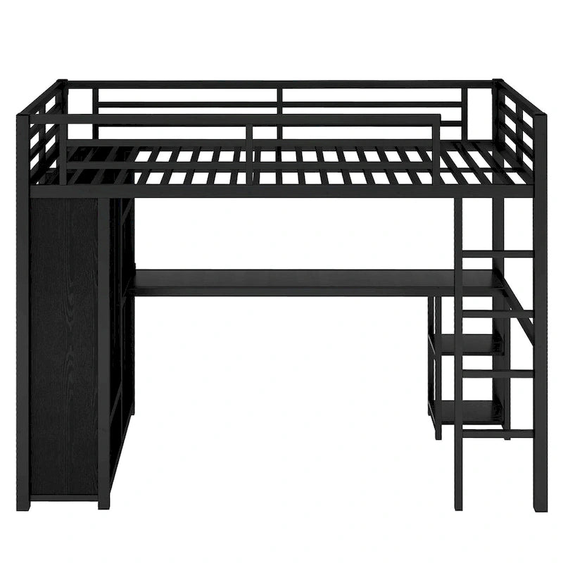 Black Twin XL Loft Bed with Built-in Wardrobe, Desk, and Storage Shelves, Space-Saving Design