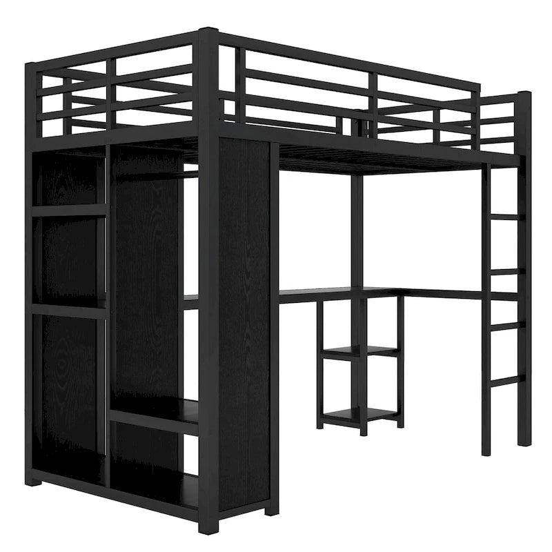 Black Twin XL Loft Bed with Built-in Wardrobe, Desk, and Storage Shelves, Space-Saving Design