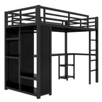 Black Twin XL Loft Bed with Built-in Wardrobe, Desk, and Storage Shelves, Space-Saving Design