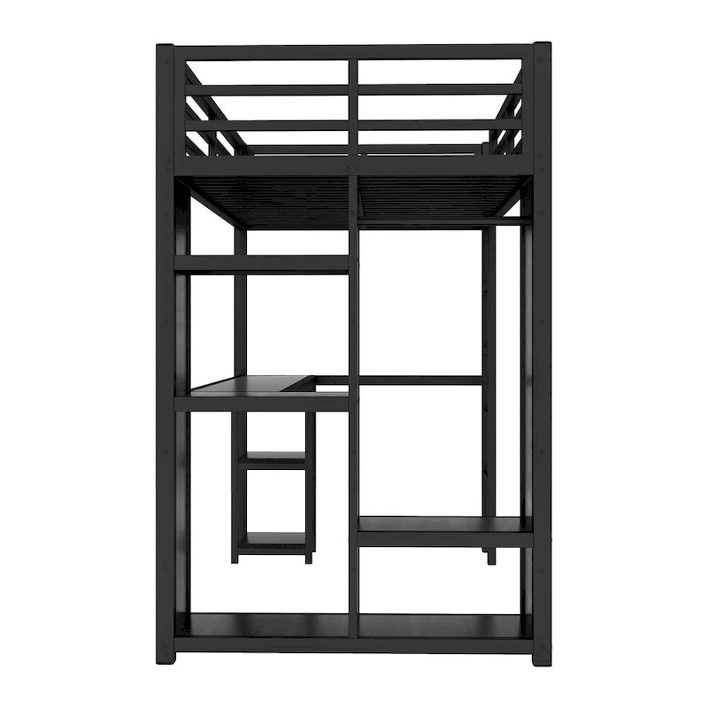 Black Twin XL Loft Bed with Built-in Wardrobe, Desk, and Storage Shelves, Space-Saving Design