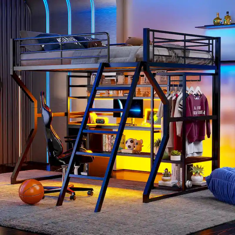 Full Size Metal Gaming Loft Bed with Built-in Work Station, Open Wardrobe, LED, and Storage, Black
