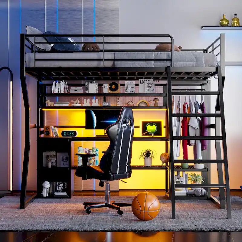 Full Size Metal Gaming Loft Bed with Built-in Work Station, Open Wardrobe, LED, and Storage, Black