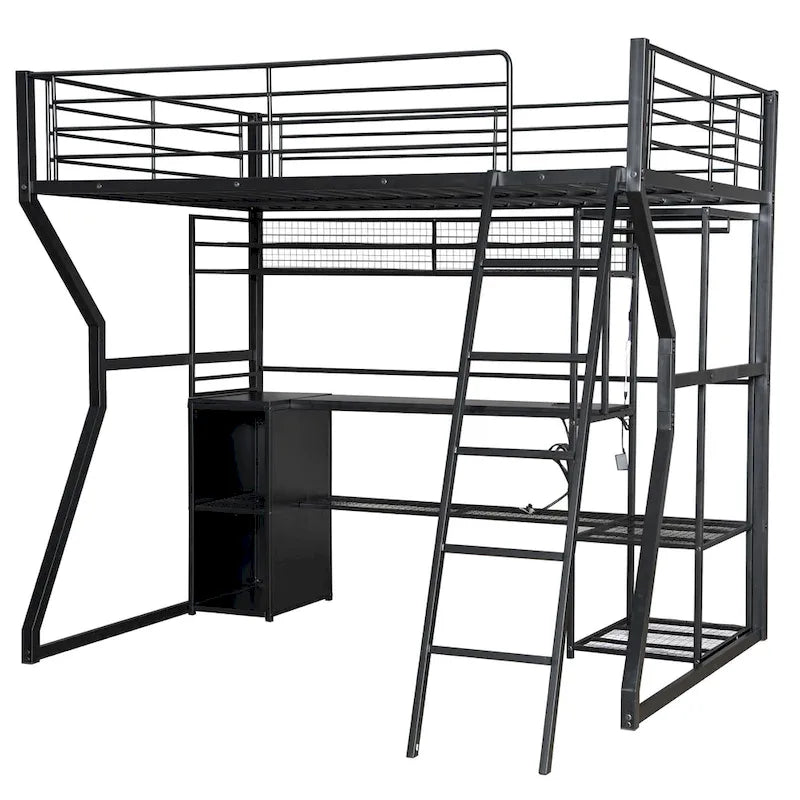 Full Size Metal Gaming Loft Bed with Built-in Work Station, Open Wardrobe, LED, and Storage, Black
