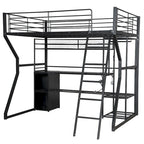 Full Size Metal Gaming Loft Bed with Built-in Work Station, Open Wardrobe, LED, and Storage, Black