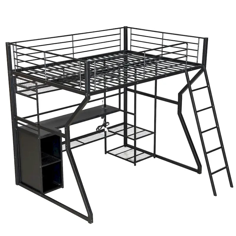 Full Size Metal Gaming Loft Bed with Built-in Work Station, Open Wardrobe, LED, and Storage, Black