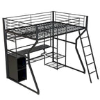 Full Size Metal Gaming Loft Bed with Built-in Work Station, Open Wardrobe, LED, and Storage, Black