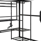 Full Size Metal Gaming Loft Bed with Built-in Work Station, Open Wardrobe, LED, and Storage, Black