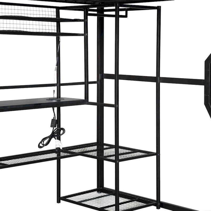 Full Size Metal Gaming Loft Bed with Built-in Work Station, Open Wardrobe, LED, and Storage, Black