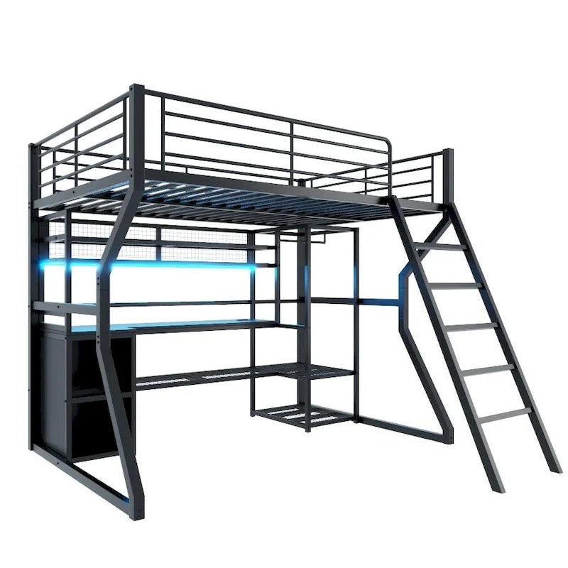 Full Size Metal Gaming Loft Bed with Built-in Work Station, Open Wardrobe, LED, and Storage, Black