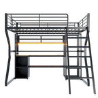 Full Size Metal Gaming Loft Bed with Built-in Work Station, Open Wardrobe, LED, and Storage, Black