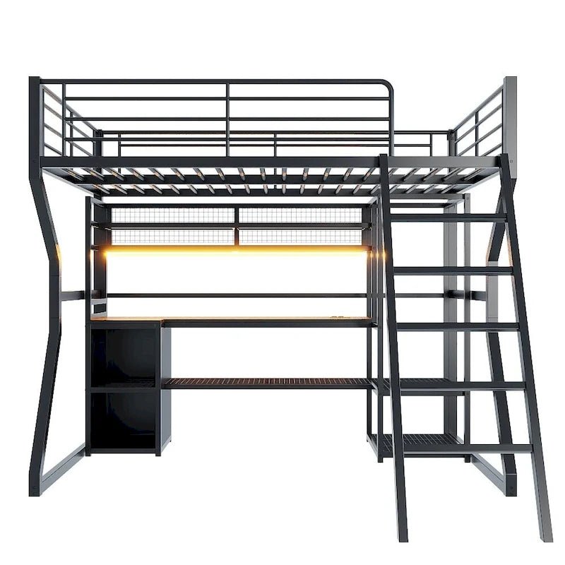 Full Size Metal Gaming Loft Bed with Built-in Work Station, Open Wardrobe, LED, and Storage, Black