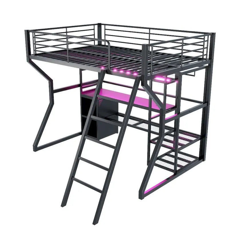 Full Size Metal Gaming Loft Bed with Built-in Work Station, Open Wardrobe, LED, and Storage, Black