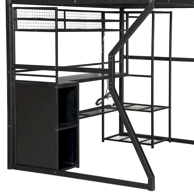 Full Size Metal Gaming Loft Bed with Built-in Work Station, Open Wardrobe, LED, and Storage, Black