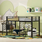 Twin Size Low Loft Bed with Storage Staircase and Iron Mesh, Metal Loft Bedframe with Storage Shelves and Guardrails