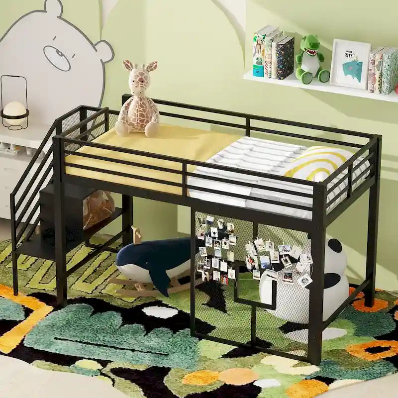 Twin Size Low Loft Bed with Storage Staircase and Iron Mesh, Metal Loft Bedframe with Storage Shelves and Guardrails