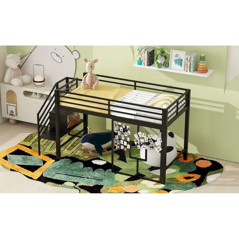 Twin Size Low Loft Bed with Storage Staircase and Iron Mesh, Metal Loft Bedframe with Storage Shelves and Guardrails