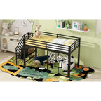 Twin Size Low Loft Bed with Storage Staircase and Iron Mesh, Metal Loft Bedframe with Storage Shelves and Guardrails