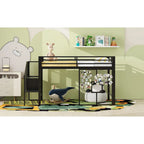Twin Size Low Loft Bed with Storage Staircase and Iron Mesh, Metal Loft Bedframe with Storage Shelves and Guardrails