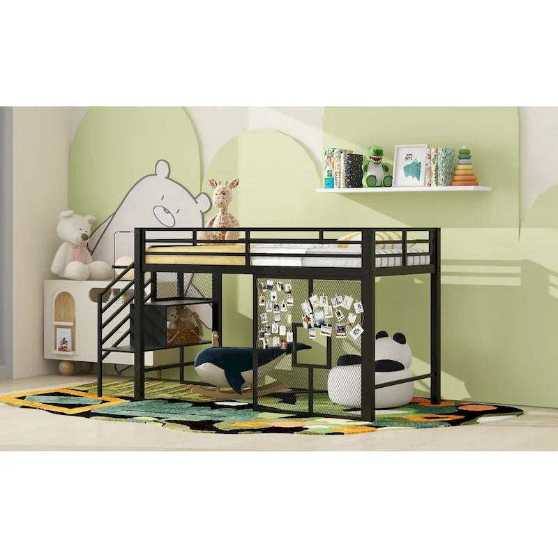 Twin Size Low Loft Bed with Storage Staircase and Iron Mesh, Metal Loft Bedframe with Storage Shelves and Guardrails