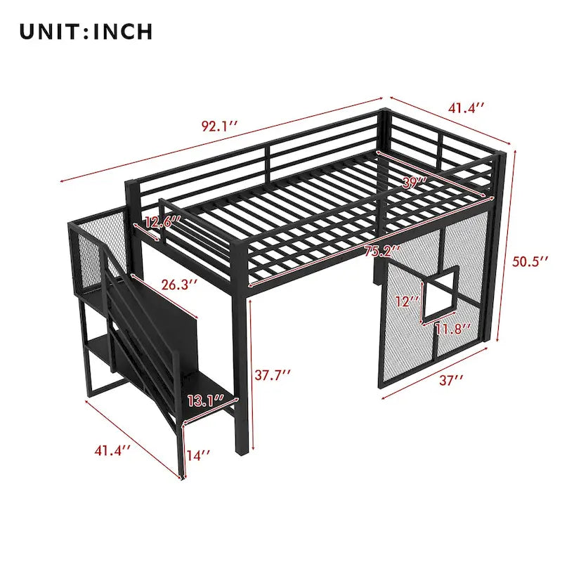 Twin Size Low Loft Bed with Storage Staircase and Iron Mesh, Metal Loft Bedframe with Storage Shelves and Guardrails