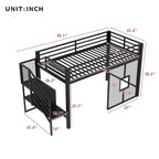 Twin Size Low Loft Bed with Storage Staircase and Iron Mesh, Metal Loft Bedframe with Storage Shelves and Guardrails