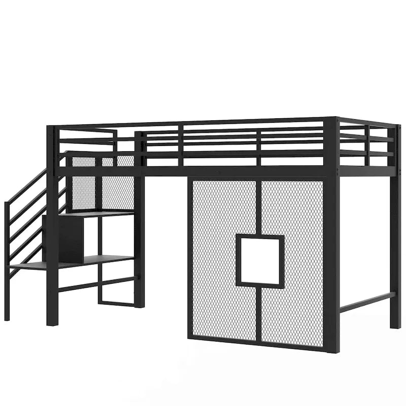 Twin Size Low Loft Bed with Storage Staircase and Iron Mesh, Metal Loft Bedframe with Storage Shelves and Guardrails