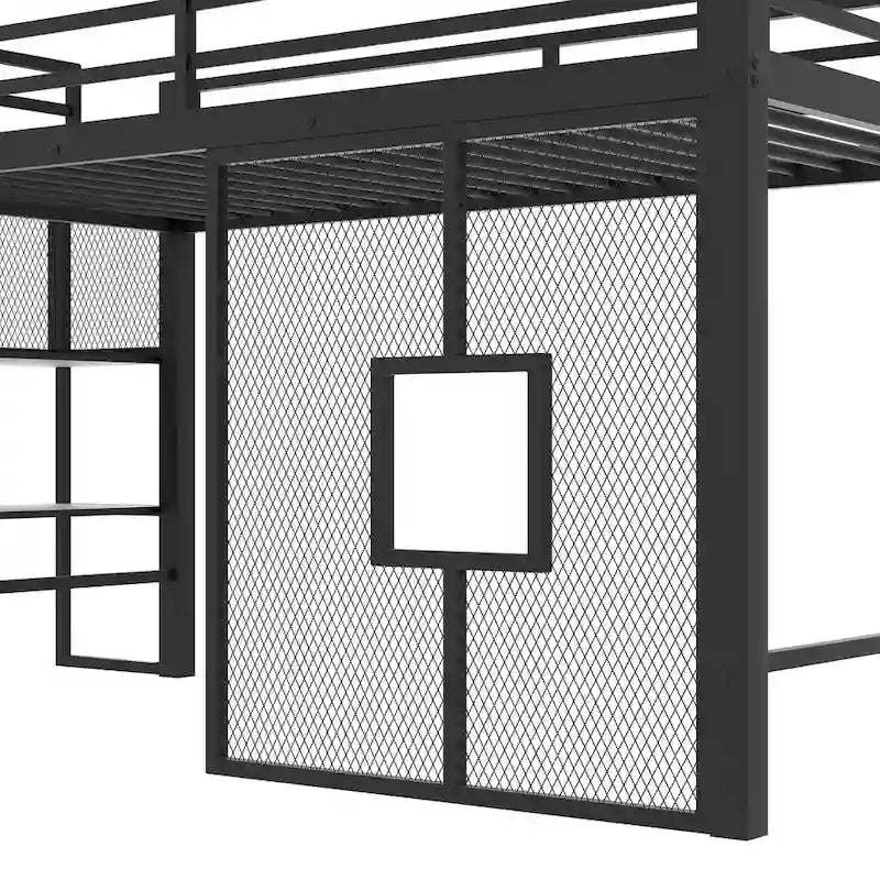 Twin Size Low Loft Bed with Storage Staircase and Iron Mesh, Metal Loft Bedframe with Storage Shelves and Guardrails