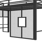 Twin Size Low Loft Bed with Storage Staircase and Iron Mesh, Metal Loft Bedframe with Storage Shelves and Guardrails