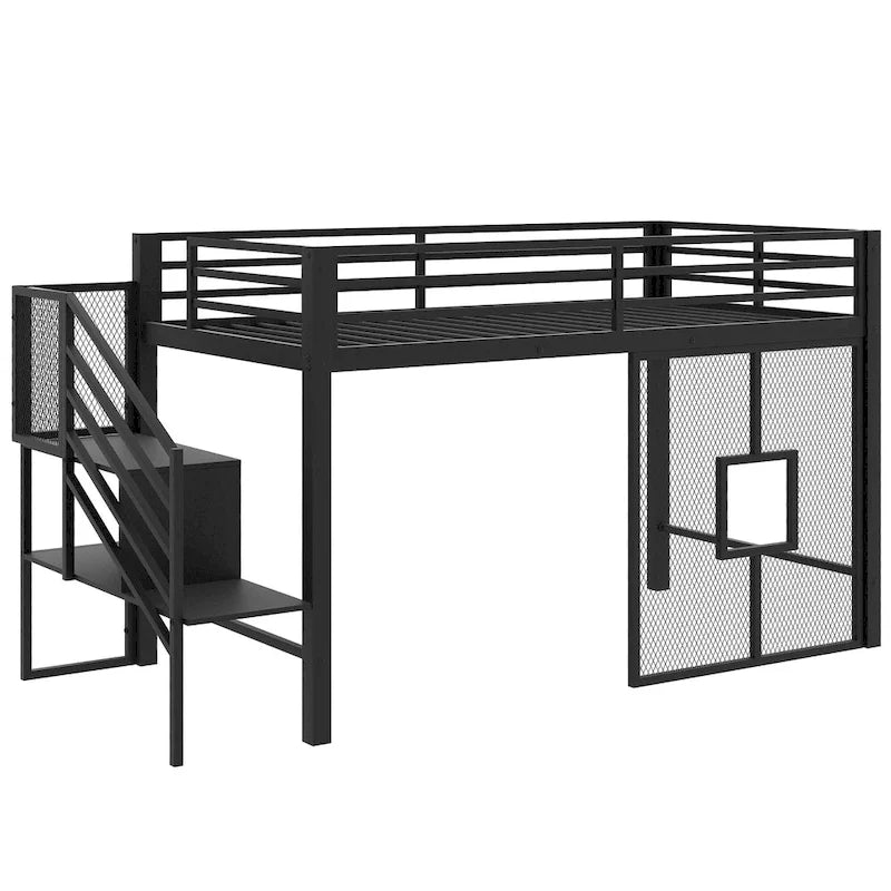 Twin Size Low Loft Bed with Storage Staircase and Iron Mesh, Metal Loft Bedframe with Storage Shelves and Guardrails
