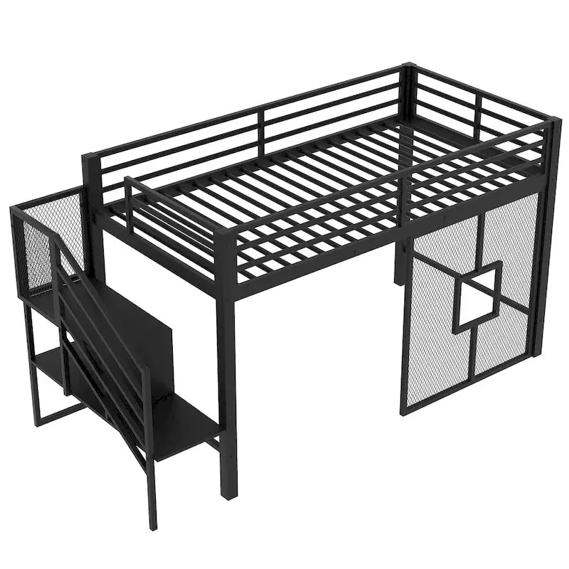 Twin Size Low Loft Bed with Storage Staircase and Iron Mesh, Metal Loft Bedframe with Storage Shelves and Guardrails