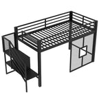 Twin Size Low Loft Bed with Storage Staircase and Iron Mesh, Metal Loft Bedframe with Storage Shelves and Guardrails