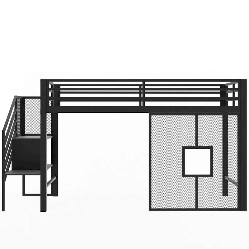 Twin Size Low Loft Bed with Storage Staircase and Iron Mesh, Metal Loft Bedframe with Storage Shelves and Guardrails
