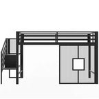 Twin Size Low Loft Bed with Storage Staircase and Iron Mesh, Metal Loft Bedframe with Storage Shelves and Guardrails