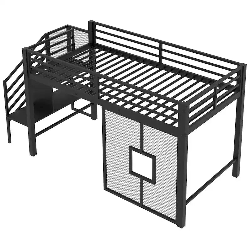 Twin Size Low Loft Bed with Storage Staircase and Iron Mesh, Metal Loft Bedframe with Storage Shelves and Guardrails
