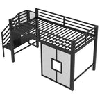 Twin Size Low Loft Bed with Storage Staircase and Iron Mesh, Metal Loft Bedframe with Storage Shelves and Guardrails