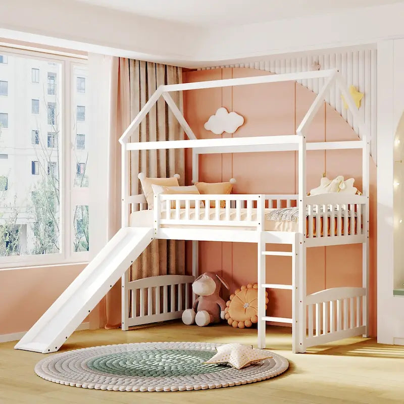 Loft Bed with Slide and Fence, House Bed with Slide