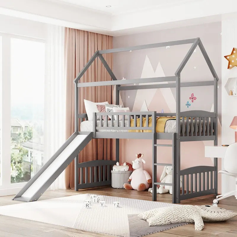 Loft Bed with Slide and Fence, House Bed with Slide