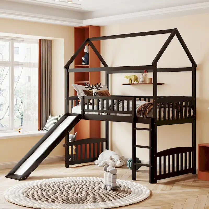 Loft Bed with Slide and Fence, House Bed with Slide