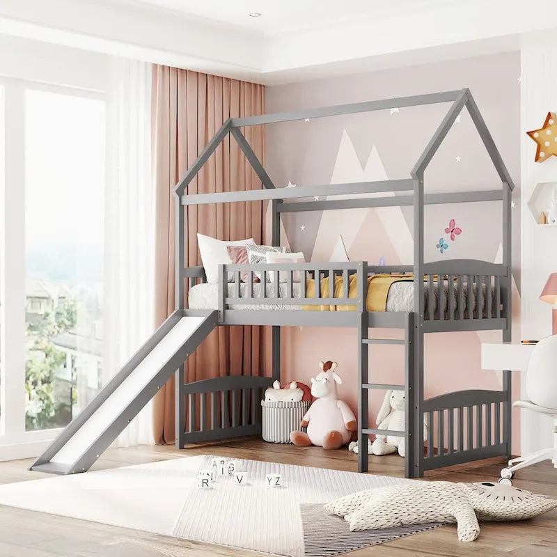 Loft Bed with Slide and Fence, House Bed with Slide