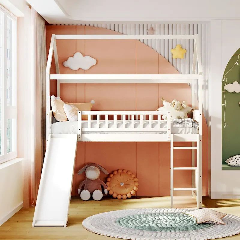 Loft Bed with Slide and Fence, House Bed with Slide