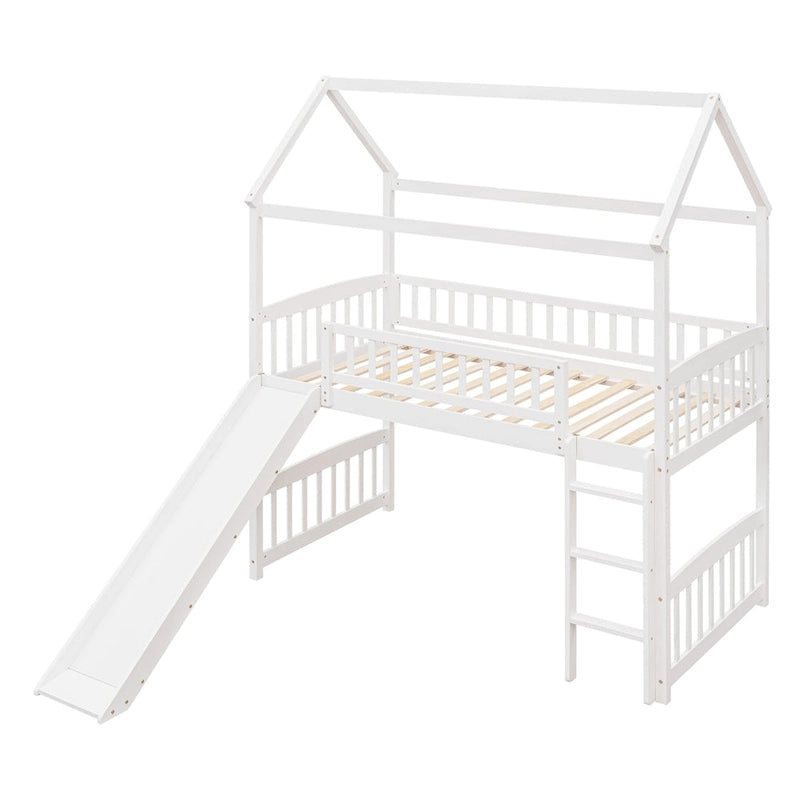 Loft Bed with Slide and Fence, House Bed with Slide