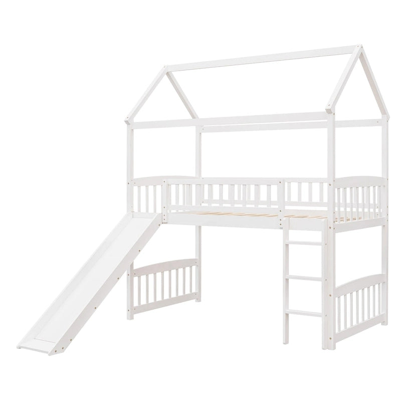 Loft Bed with Slide and Fence, House Bed with Slide