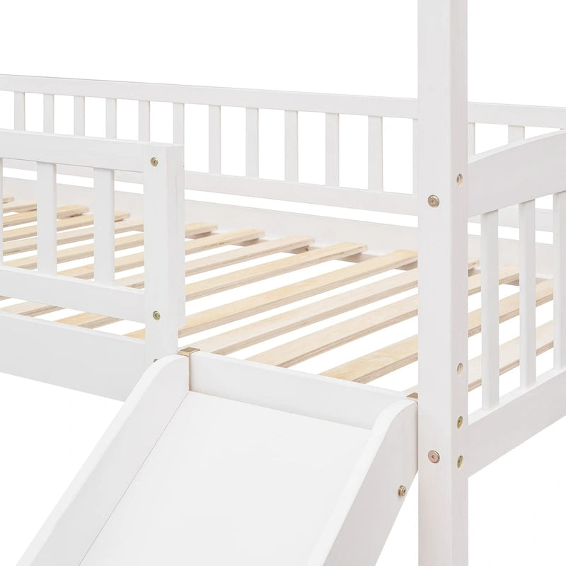 Loft Bed with Slide and Fence, House Bed with Slide