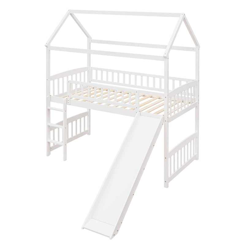 Loft Bed with Slide and Fence, House Bed with Slide