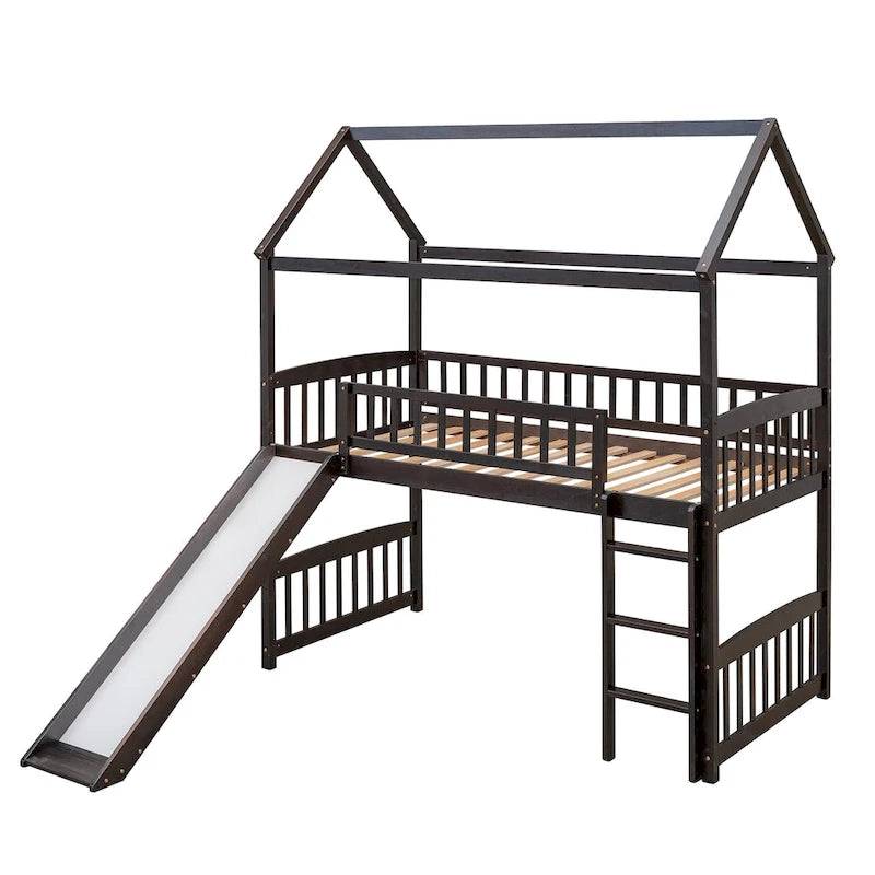 Loft Bed with Slide and Fence, House Bed with Slide