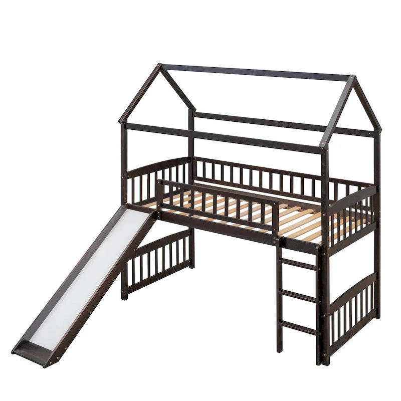 Loft Bed with Slide and Fence, House Bed with Slide