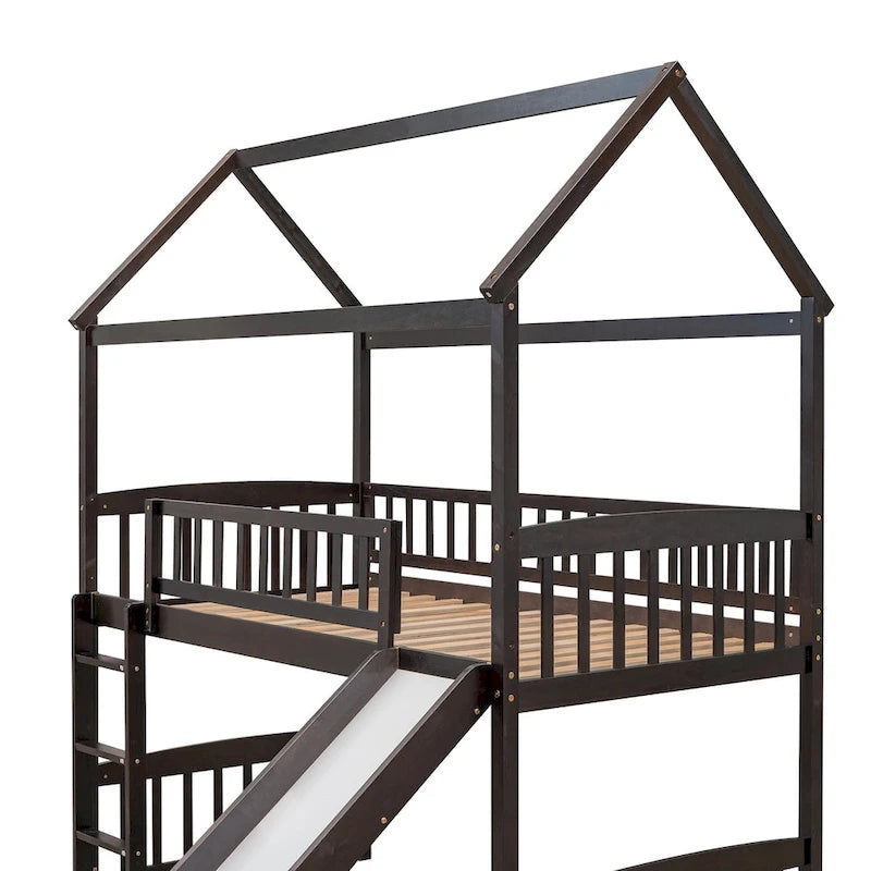Loft Bed with Slide and Fence, House Bed with Slide